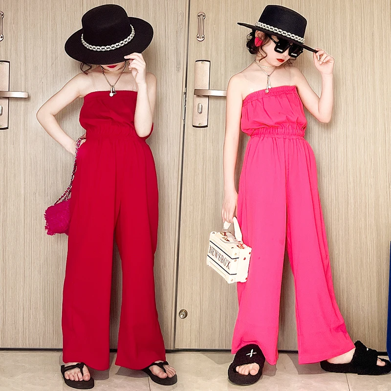 

2022 new one-shoulder sexy girl's jumpsuit luxury design children's summer wide leg pants tube top long pants cheap autumn