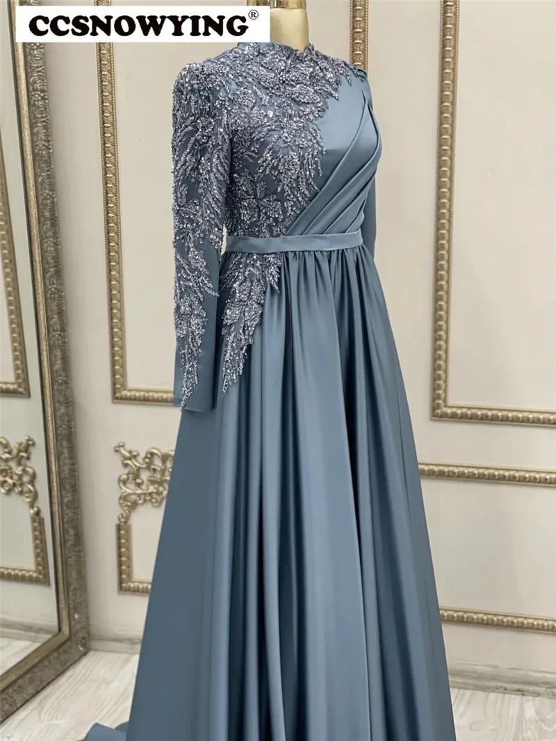 

Dusty Blue Satin Appliques Long Sleeve Muslim Evening Dresses Arabic Dubai Beaded Prom Formal Party Gown Hijab Robes De Soirée