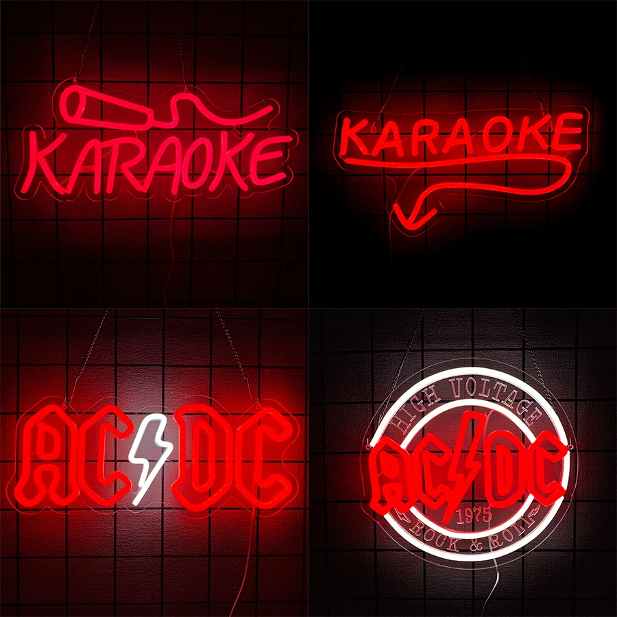 가라오케 LED 네온 사인, 3D 조각된 AC/DC 문자 아이콘, 바, 음악 스튜디오, 클럽, 밴드 파티 장식, 음악 애호가 선물에 적합.