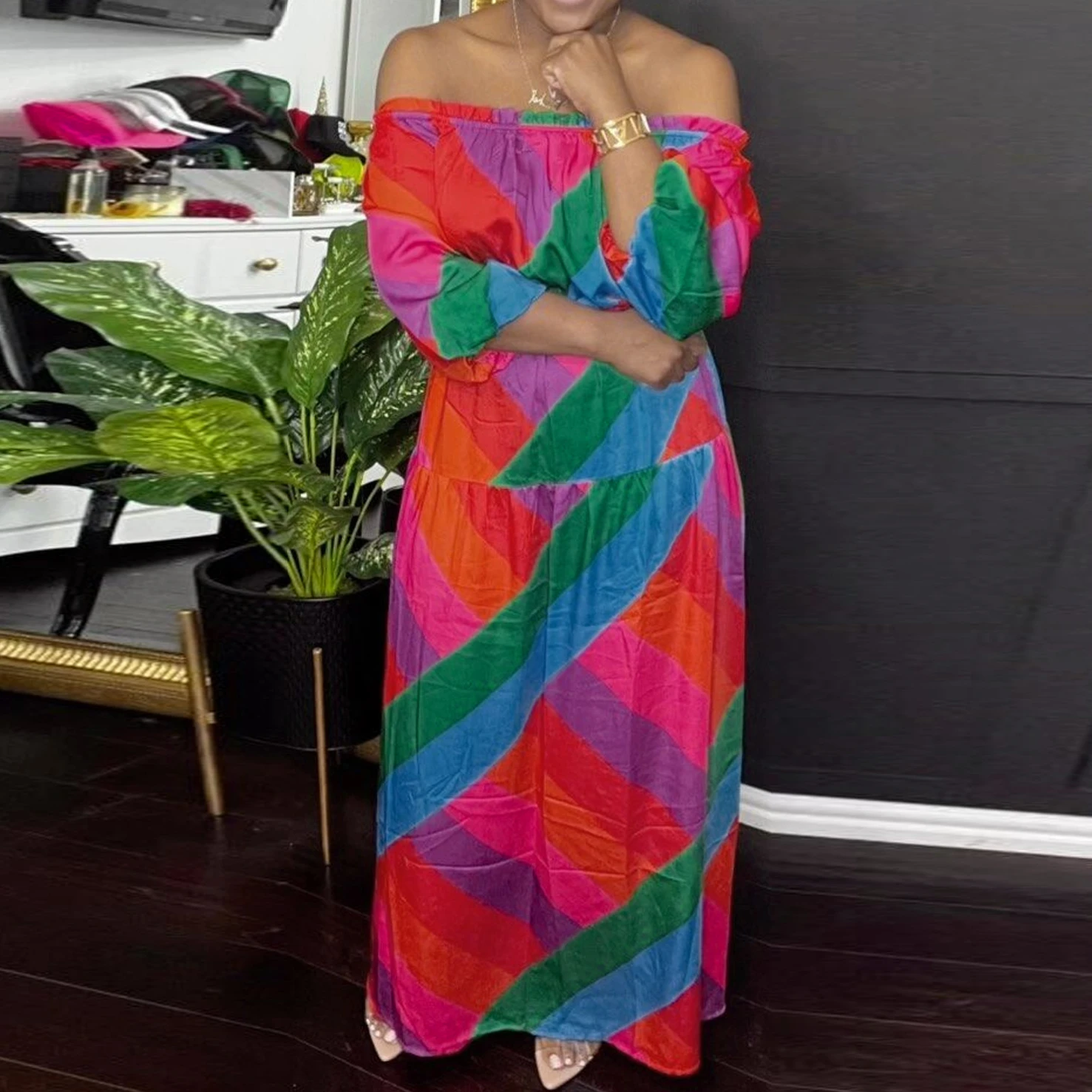 

Summer Sexy Spliced Geometric Printing Waist Wrapped Long Dress Off Shoulder 5/4 Sleeve Women's Street Fashion Dress