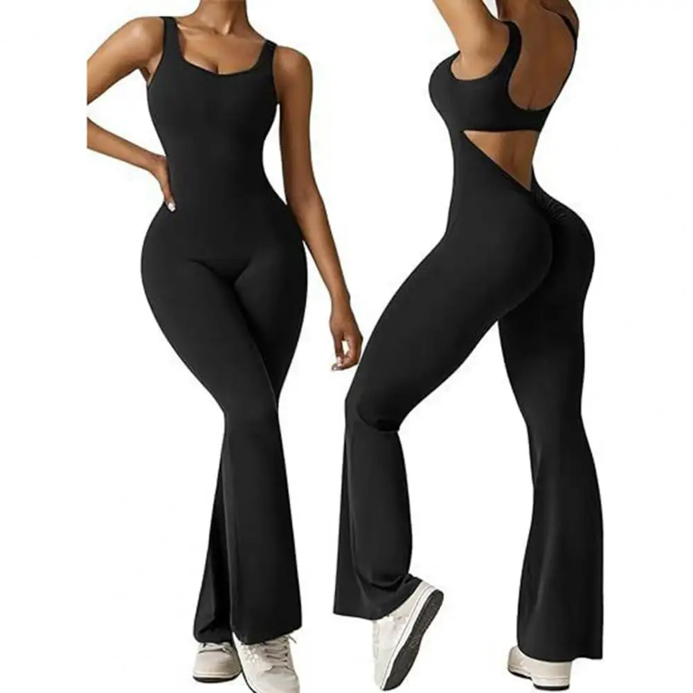 

Stretchy Jumpsuit Stylish Women's Sleeveless Sports Jumpsuit with Butt-lifted High Waist Flared Hem Summer Athletic for Ladies