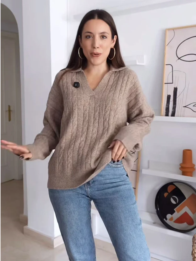 Autumn Elegant Women New Polo Collar Knitted Shirts Fashion Long Sleeve Pullover Sweater Retro Loose Casual Knitted Tops