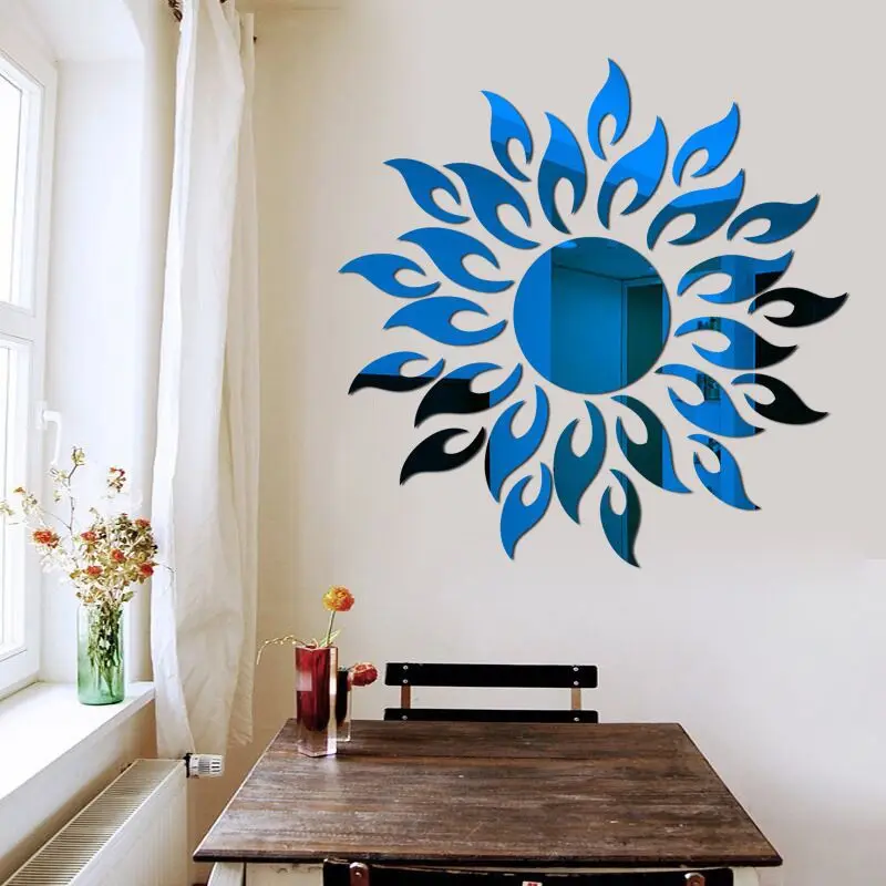 3D Sun Flower Wall Sticker Acrylic Mirror Flame Decorative Stickers Art Mural Decal Wall Decor Living Room Bedroom Decoration