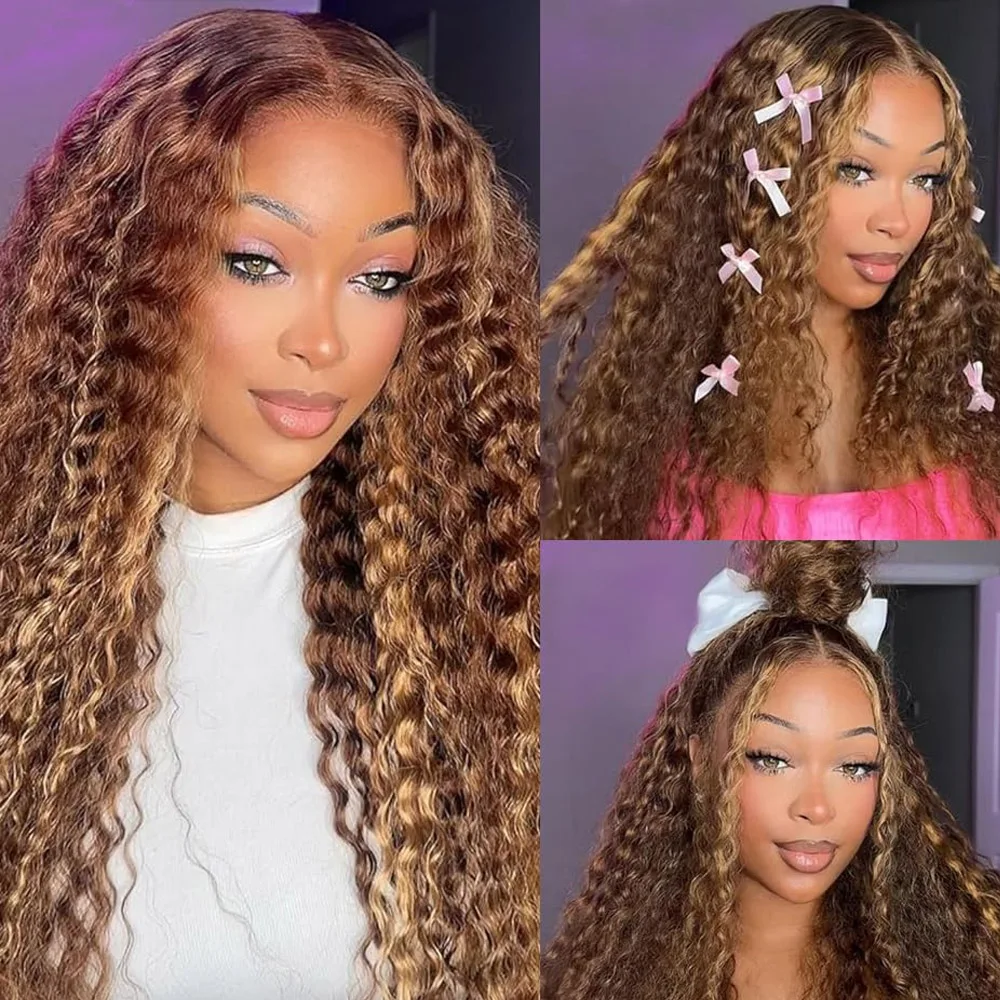 Highlight Ombre Lace Front Wig Human Hair 13x4 HD Honey Blonde 4/27 Deep Wave Lace Front Wigs Human Hair 200% Density 28 Inch