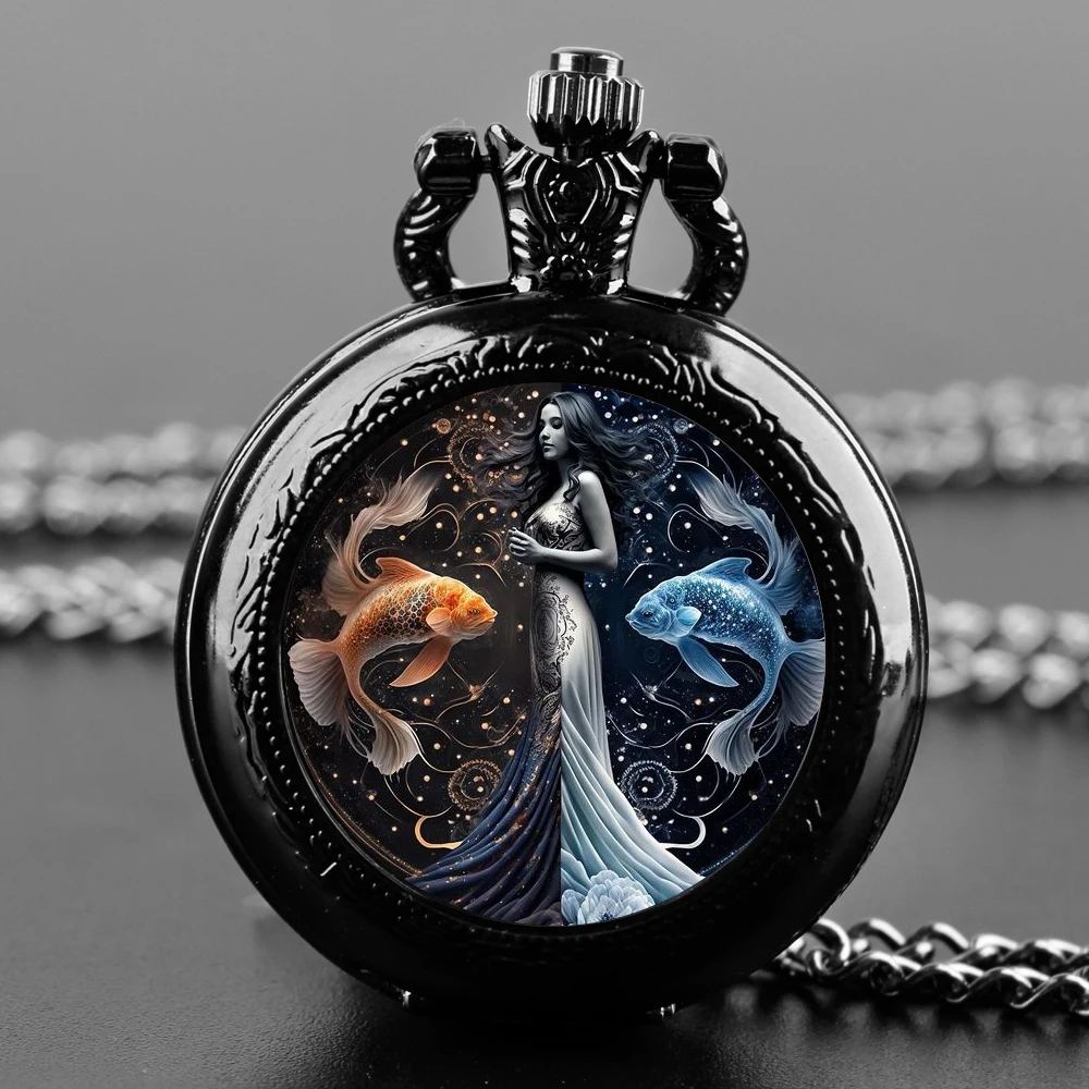 

Constellation Pisces Quartz Pocket Watch for Women Men Cool Black Necklace, Unique Pendant Clock Chain Watch Gift Accessories