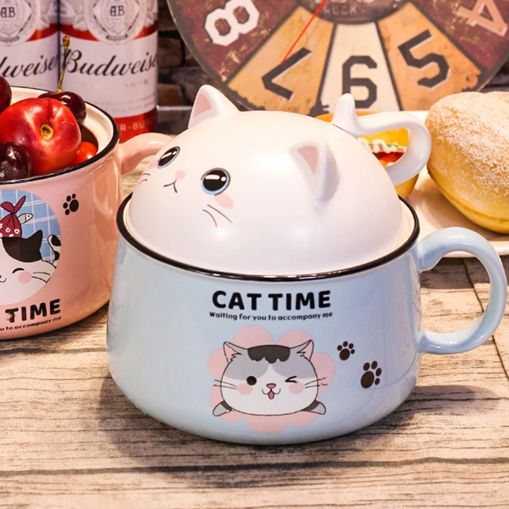 

Mug Large Capacity With Lid Girls Cute Noodle Cup Bowl Ceramic Breakfast Creative Personality Cat Cartoon Office