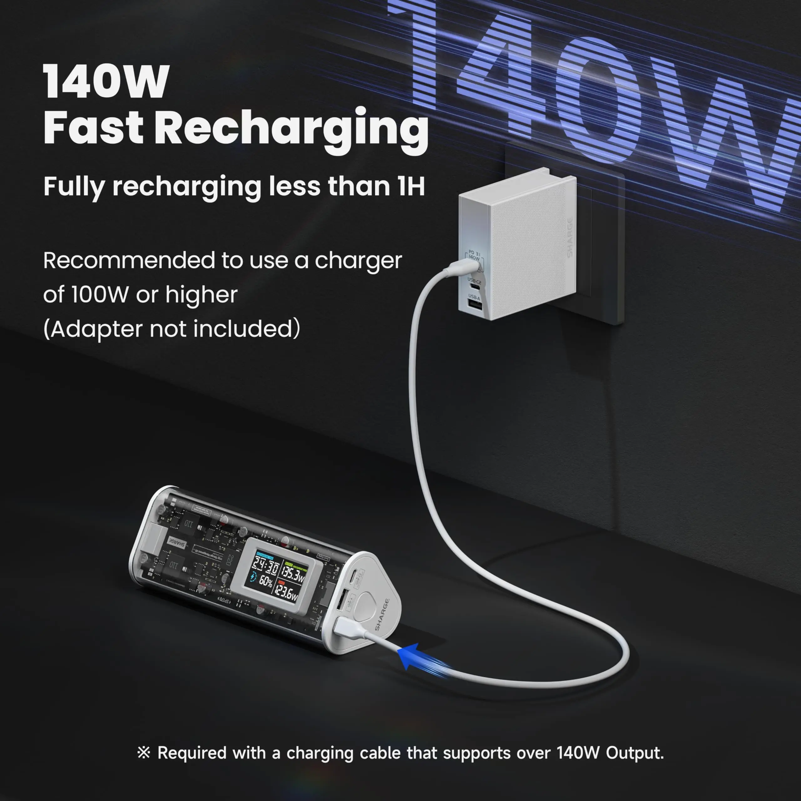 SHARGE Power Bank 24000mAh 170W Output Fast Charge with IPS Smart Screen Display IP66 Waterproof for MacBook Tablet iPhone 15pro 5