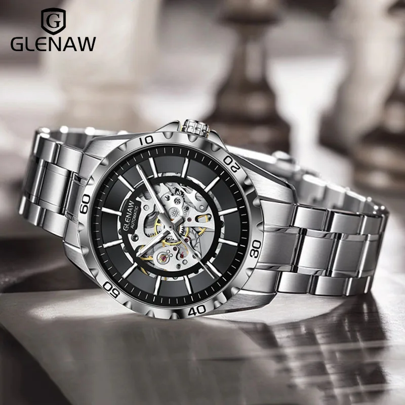 GLENAW DESIGN Mechanical Watch Men Dial Minute And Second Scale Hollow All Steel Material Waterproof Luminous Automatic Watches creative mechanical watches for men cool galloping horses skeleton rhinestone scale dial design patterned engraved case gift new