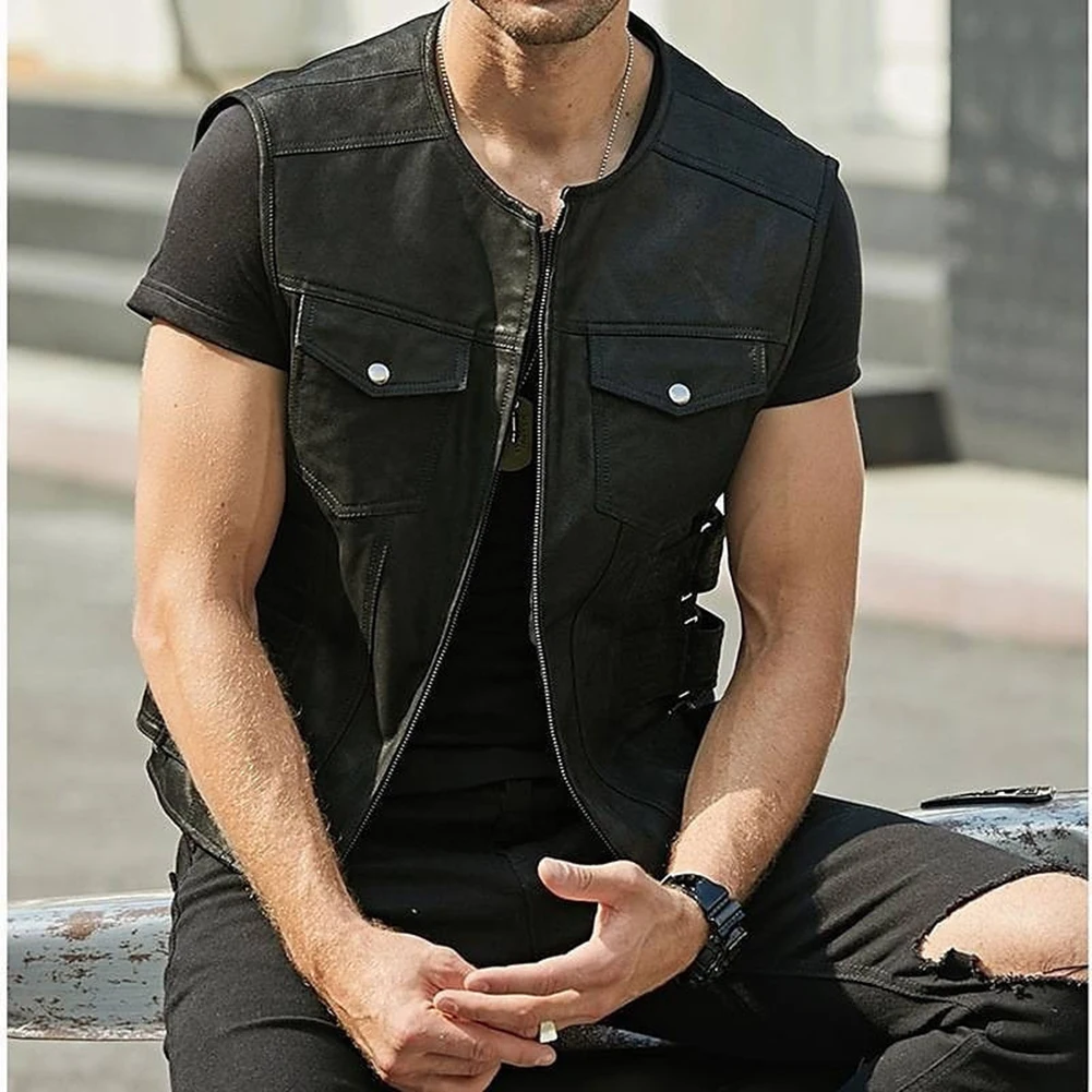 Trendy Men's Faux Leather Biker Waistcoat  Motorcycle Black Club Vest with Multiple Pockets  Sleeveless Fashion
