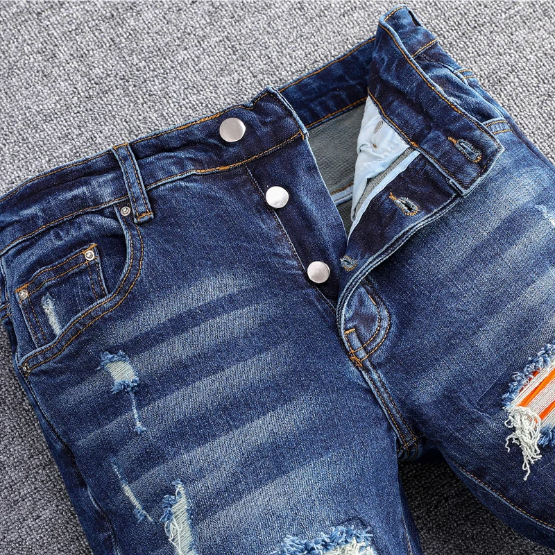 High Street Fashion Men Jeans Retro Blue Stretch Skinny Fit Ripped Jeans Men Orange Leather Patched Designer Hip Hop Brand Pants