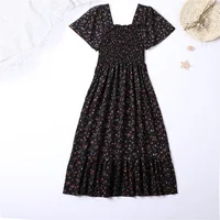 Printemps été robe en mousseline de soie femmes robes mi-longues femme à manches courtes taille élastique imprimé fleuri plissé dos nu tenue décontractée 3
