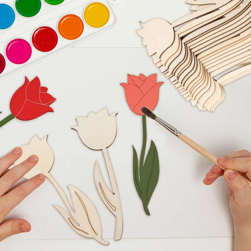 12Pcs Wooden Flower Ornament Unfinished Tulip DIY Painting Crafts Happy Easter Party Spring Home Decoration Kids Gifts Supplies