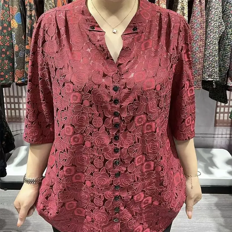Women's Clothing Vintage Flowers Printed Shirt Summer New Half Sleeve Commute Single-breasted Stylish Casual V-Neck Loose Blouse