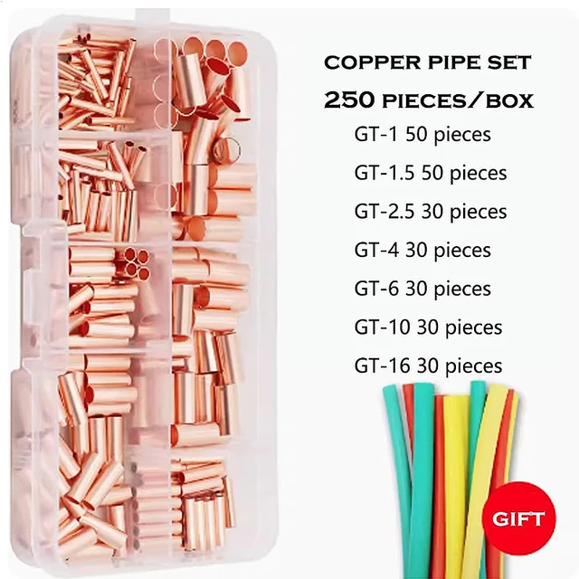 250pcs GT Copper Connecting Pipe Wire Joint Small Copper Tube Terminal Cable Lug Bootlace Ferrule Kit