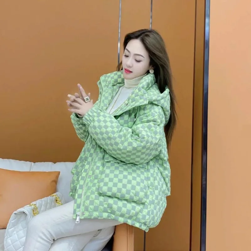 2023 Plaid Down Jacket Women's Short Thick Casual Loose White Duck Down Checkerboard Grid Winter Warm Hooded Jacket Foreign