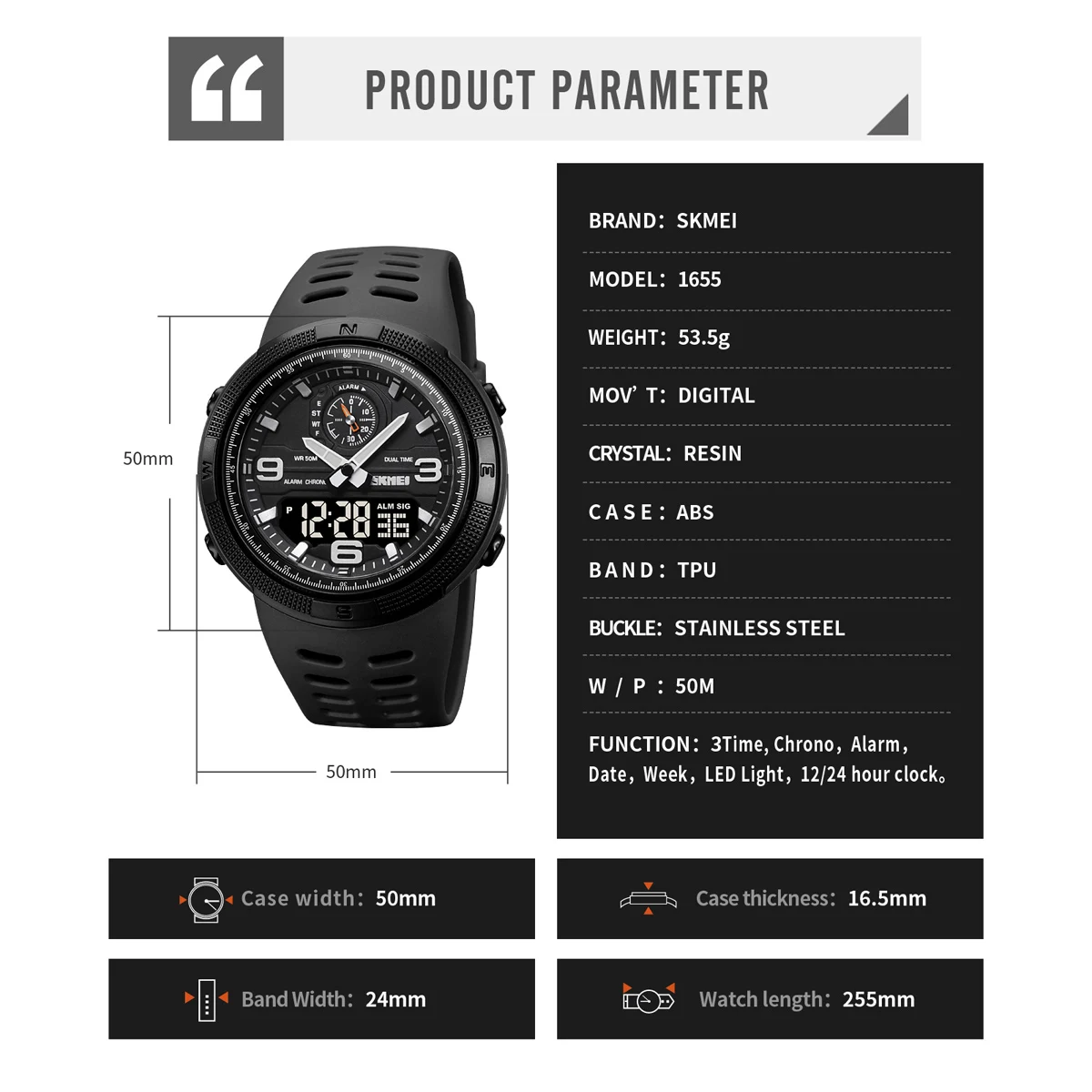 SKMEI 1655 Waterproof Sports Digital Watch - Dual Display Men's Electronic Wristwatch