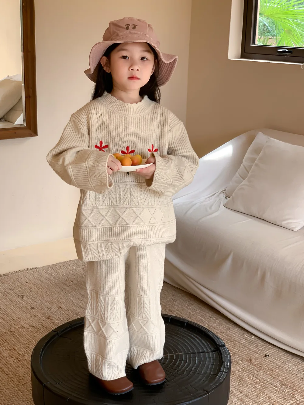 

Children's Clothing Sets 2023 Autumn Korean Kids Toddler Girls Sweater Set Simple Flower Knitted Sweater+Pants Two Piece Suit