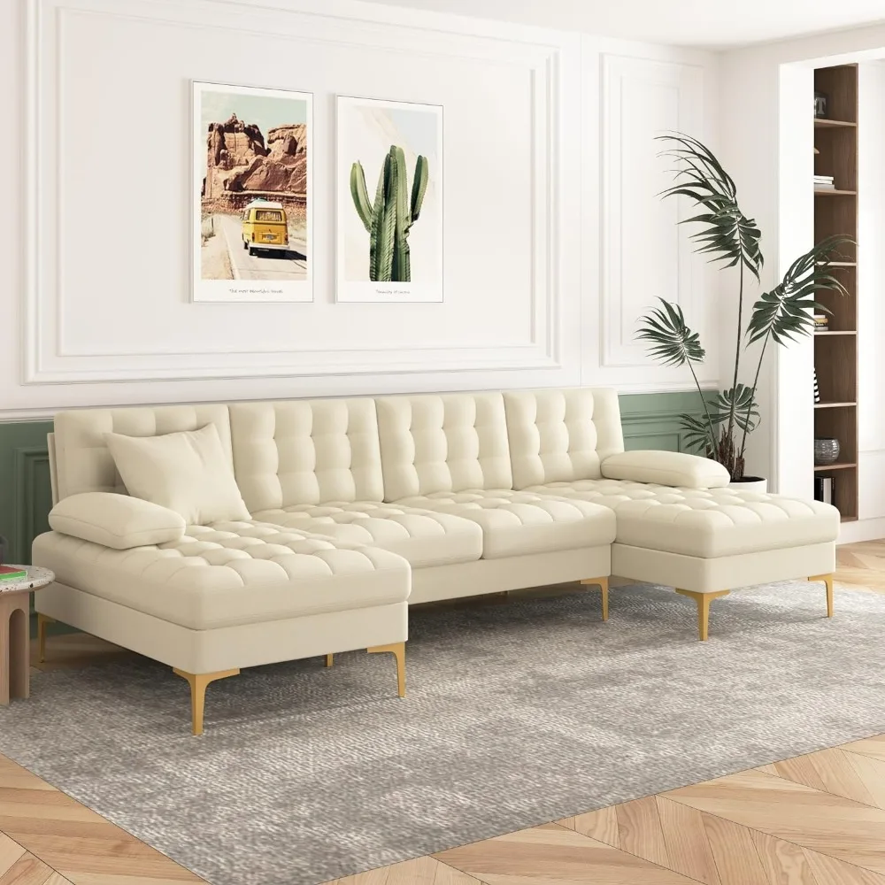 U-shaped sectional sofa, modern 110 linen button tufted sectional sofa, upholstered sofa bed with metal legs