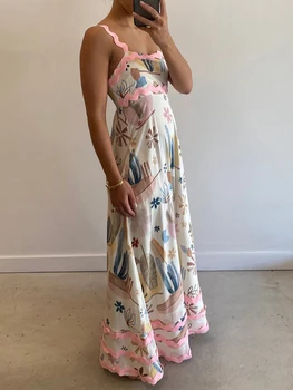 Women's Long Cami Dress Floral Leopard Print Sleeveless Square Neck Backless A-Line Ric Rac Dress 3