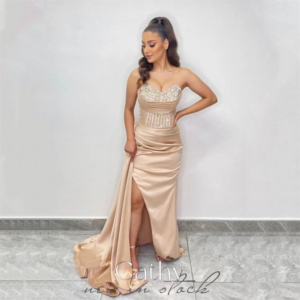 

Cathy Sexy Strapless Mermaid Vestidos De Noche Side High Split Prom Dress 2023 Glitter Sequins On Chest Fishtail فساتين السهرة