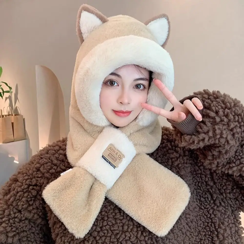 

Plush Integrated Scarf Hat Women Outdoor Windproof Ear Bunny Beanie Winter Warm Soft Thickening Warm Ear Hats Hooded Skullie