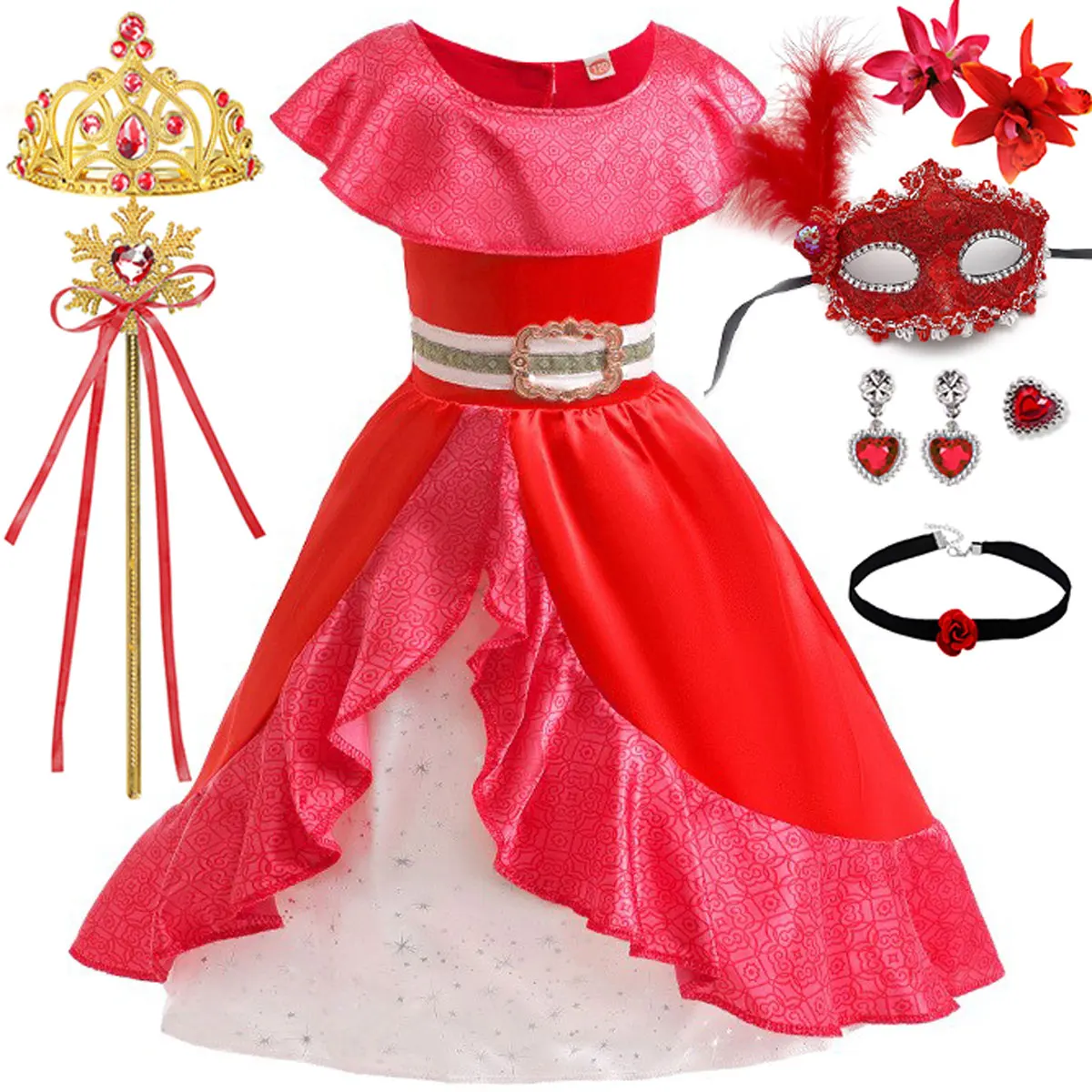 

Disney 2024 Elena Princess Dress for Girl Cosplay Halloween Children Birthday Party Gift Red Dress With Belt Anime Role Play