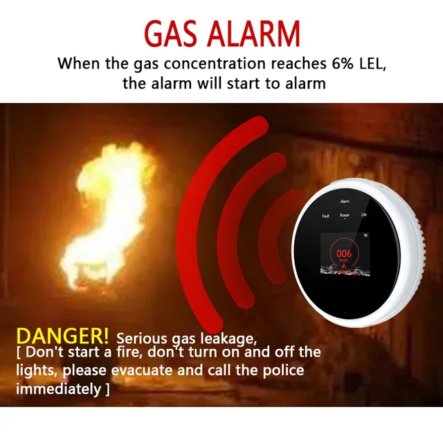 Tuya Wifi Natural Gas Leakage Detector Sensor Smart Alarm Gas Fire Security Digital LED Temperature Display for Home Kitchen 6