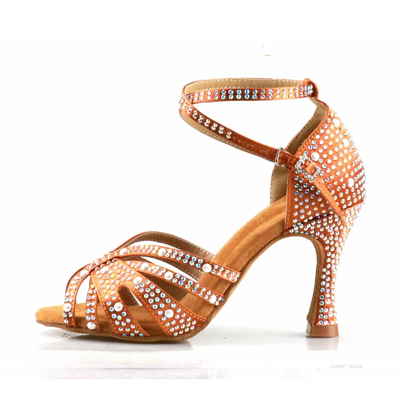 Latin Dance Shoes with Rhinestones for Women, Soft Bottom, Salsa Shoes for Dancing, Ladies Sandals, Wedding High Heels, 7.5cm 2