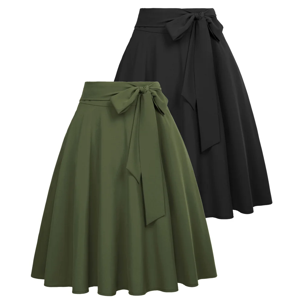 

Belle Poque Women Vintage Swing Skirt Belt Decorated Knee Length Solid Color Flared A-Line Skirt Elegant Faldas Midi Long Skirt