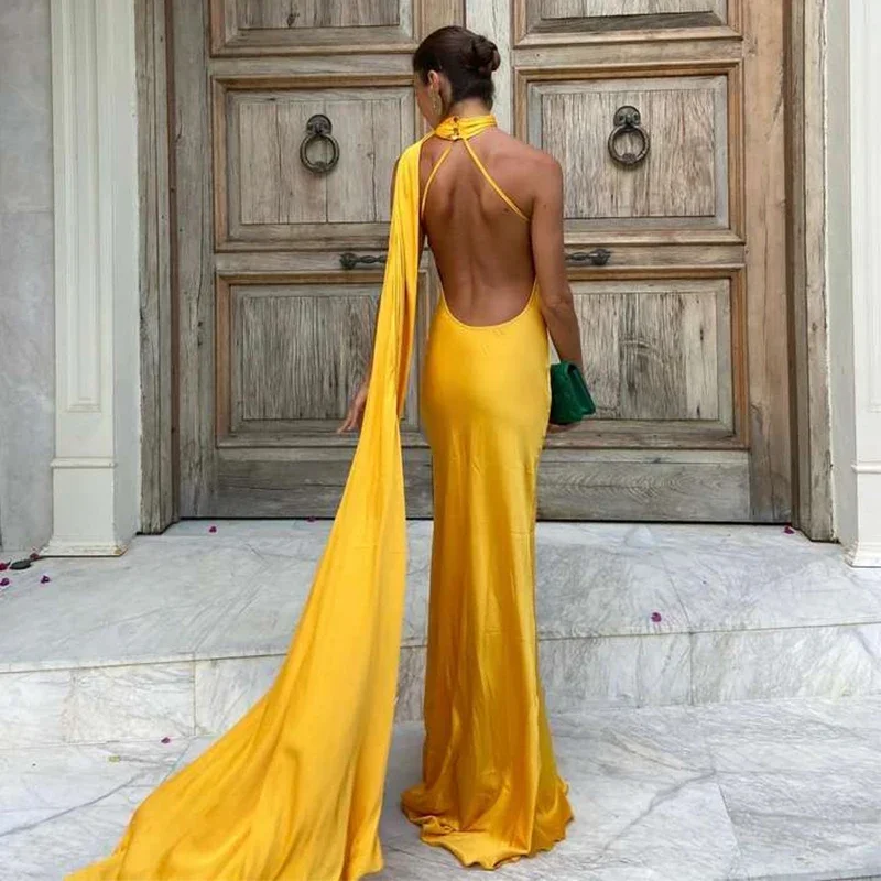 Women Satin Ribbon Halter Party Evening Dress Women Elegant Backless Off Shoulder Sleeveless Long Dresses Fashion Lady Robes