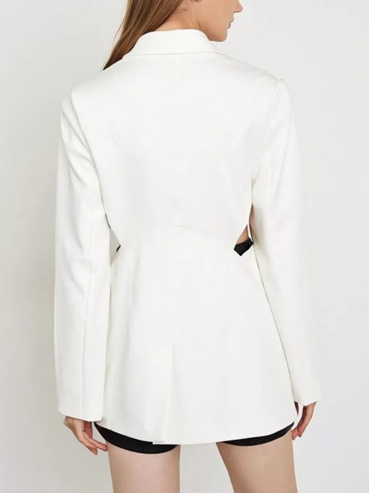 KBQ Spliced Button Hollow Out Split Blazer For Women Notched Collar Long Sleeve Patchwork Pocket Slimming Chic Blazers Female