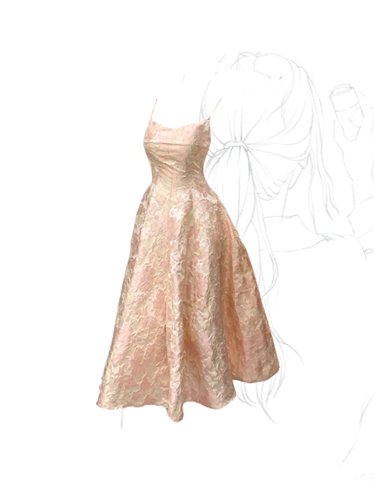 

Women's Flower Print A-line Dress Y2k Korean Ladies Vintage Pink Dress Sexy Sleeveless Off Shoulder One Piece Frocks Summer 2023