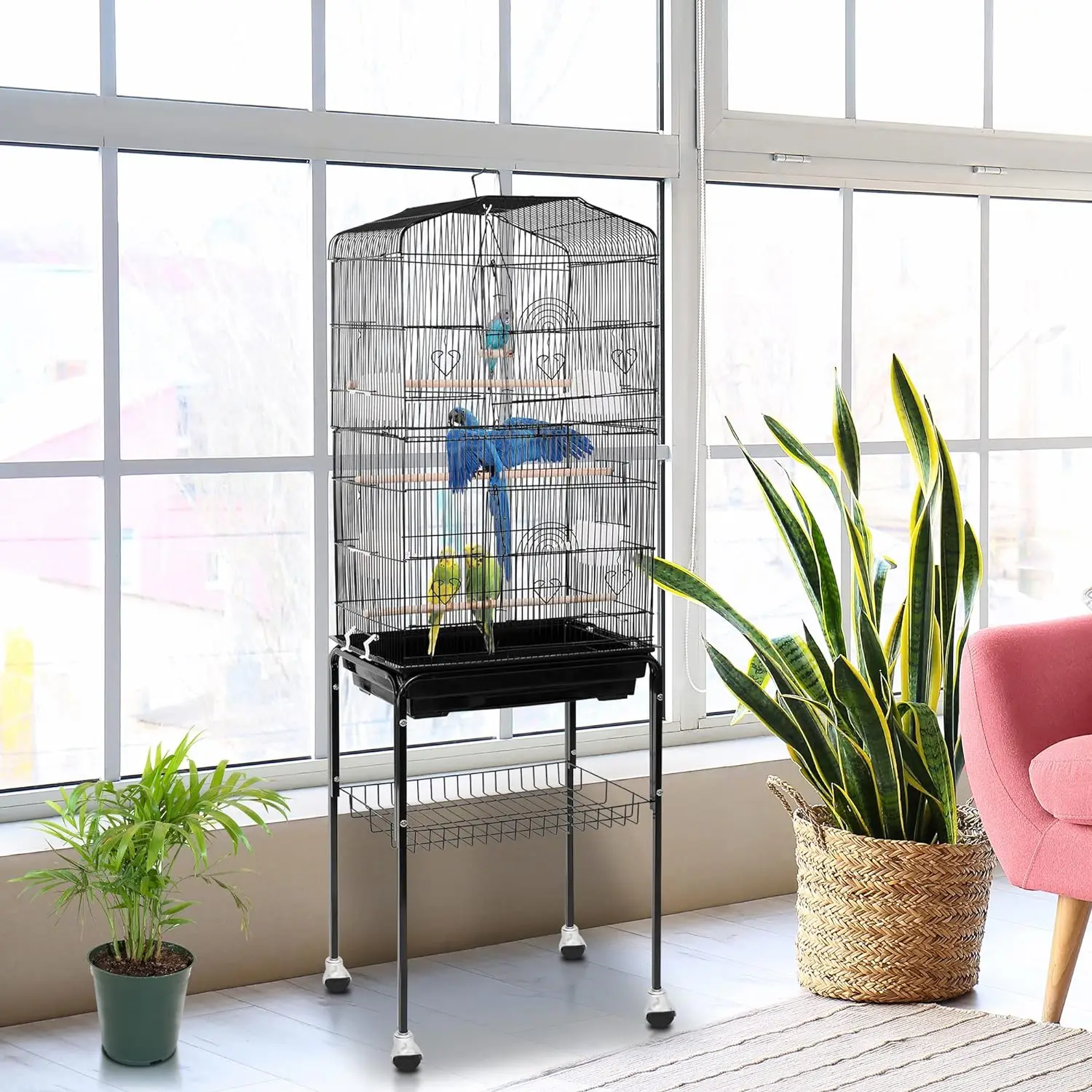 

59.3 Rolling Bird Cage Large Wrought Iron Cage for Cockatiel Sun Conure Parakeet Finch Budgie Lovebird Canary Medium