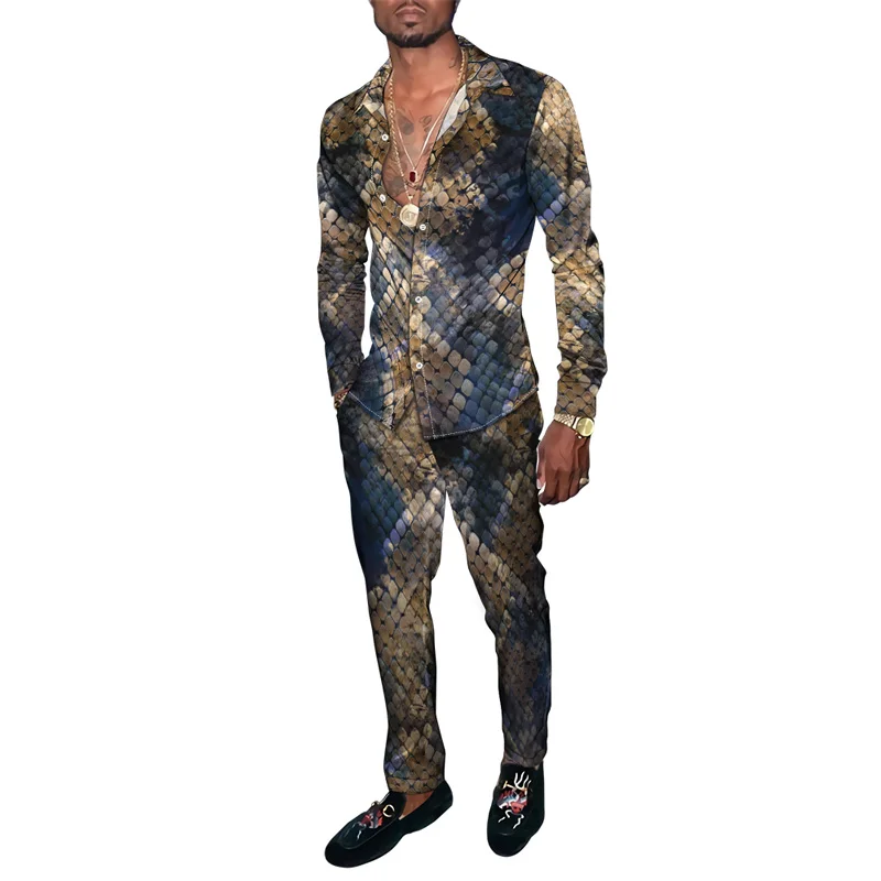 Hawaiian Shirt Suit 3D Serpentine Print 2PCS Set Striped Check Fashion Breathable Men Long Sleeve Shirt  Pants Two Piece Suits 3