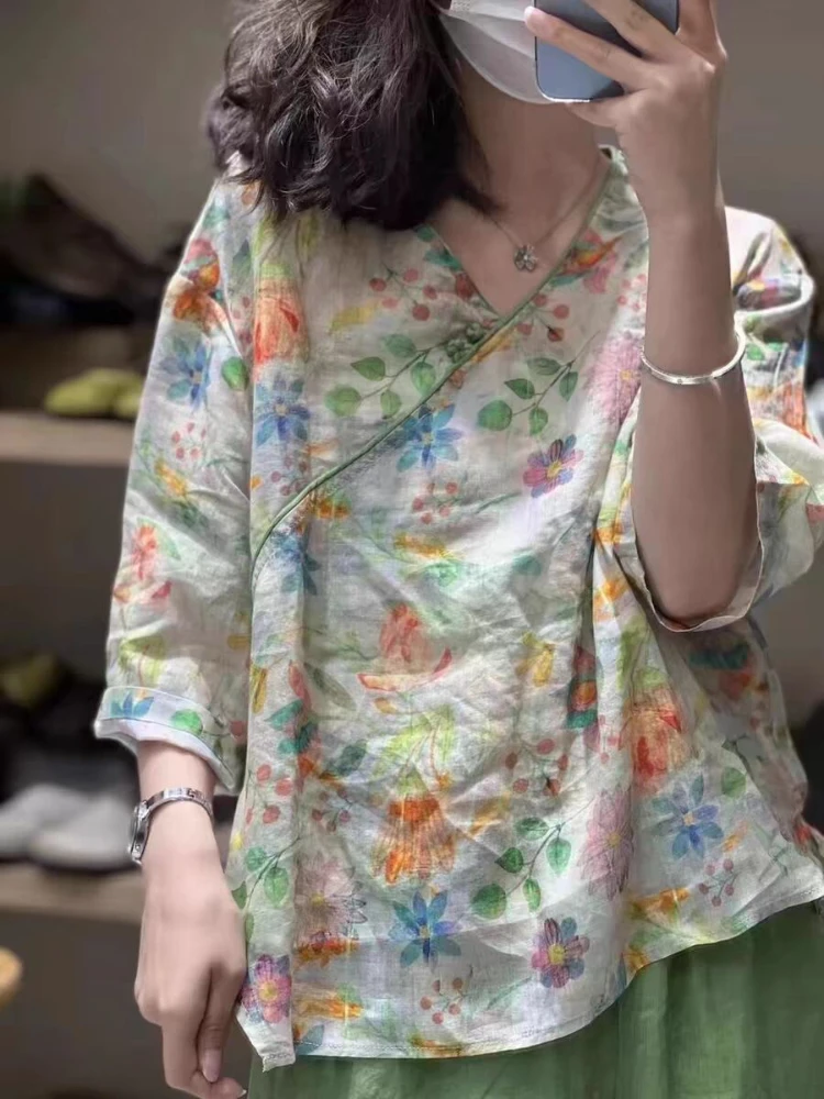 

Блузка женская льняная с принтом, Литературная винтажная рубашка в национальном стиле рами, свободная приталенная с V-образным вырезом, большие размеры, на лето