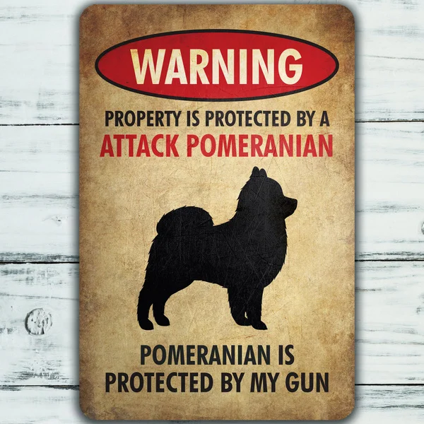 

Protect By Pomeranian Warning Tin Sign Vintage Farm Decor Art Pet Lover Tin Metal Sign Zoo Bar Club Cafe Garage Wall Decor