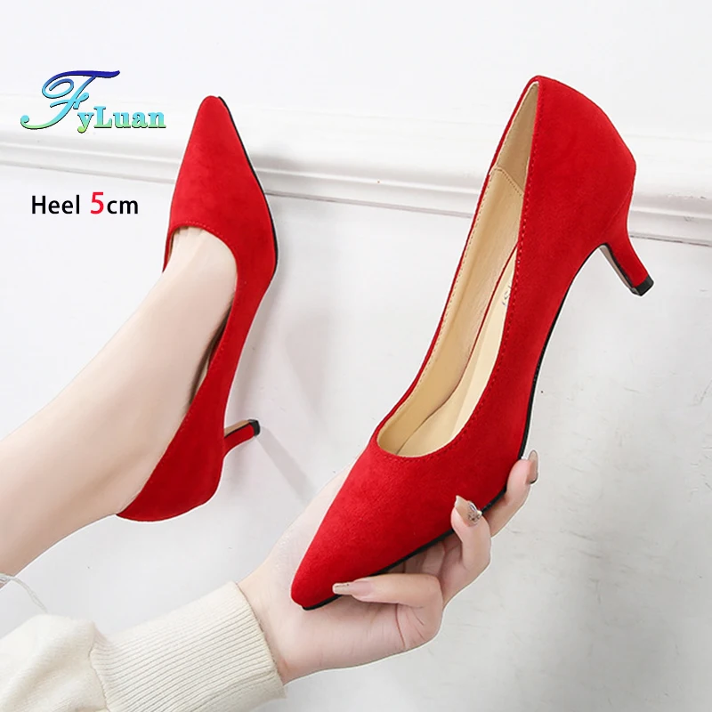 Comfort 5CM Thin High Heels Office Pointed Red Single Shoes Outdoor Walking Daily Women's Shoes Plus Size 46 Woman Suede Pumps 2