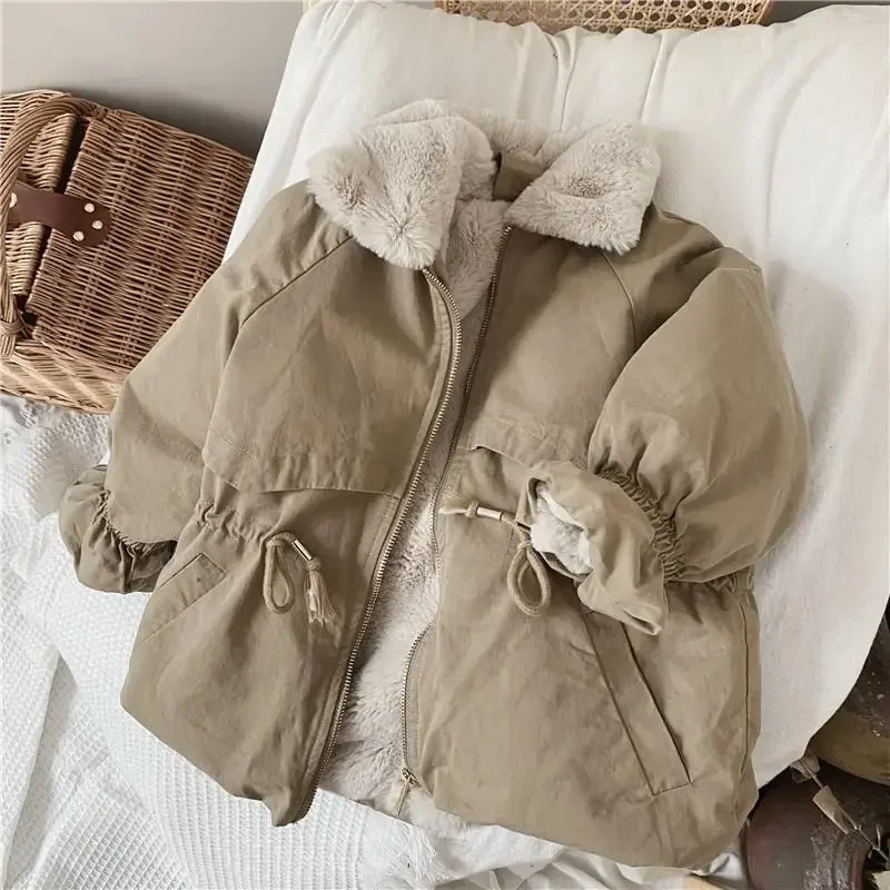 

Парка цвета хаки из смеси овечьей шерсти, пальто, меховые куртки для девочек, осенне-зимние пальто для маленьких мальчиков, милая теплая куртка, детский комбинезон