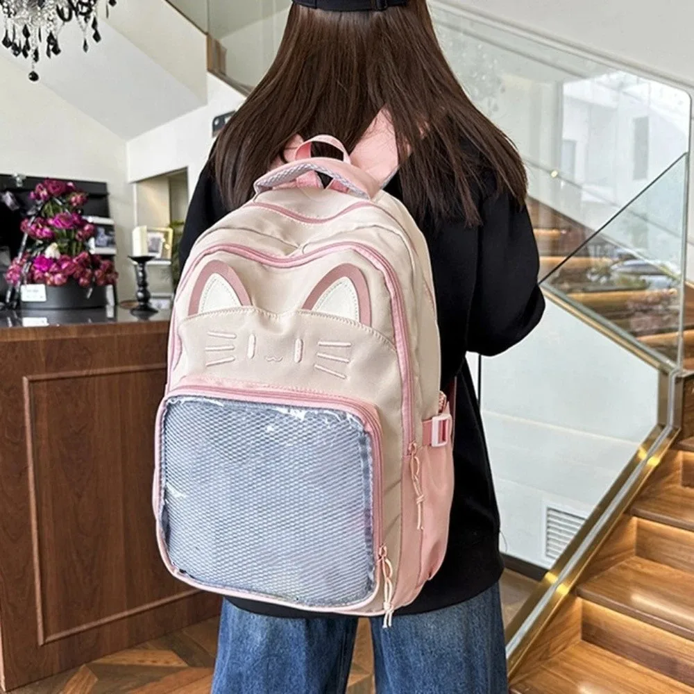 Embroidery Cartoon Ita Bag Large Capacity Preppy Style Transparent Pocket Itabag Cute Badge Display Student School Bag Woman 4