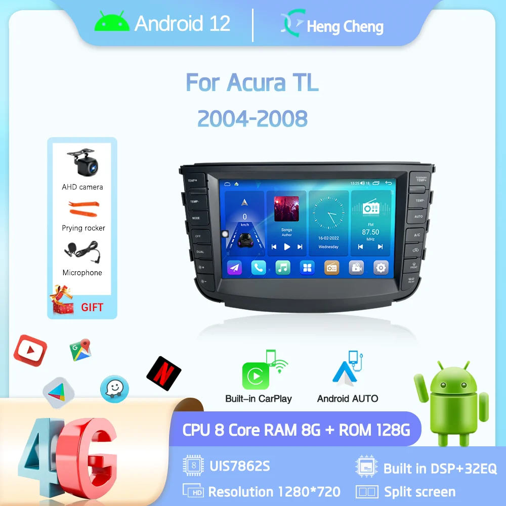 

9-дюймовый Автомобильный мультимедийный видеоплеер Acura TL 2004-2008, GPS-навигация, радио, Android 128, 8 + 360 гб, 8-ядерный процессор CarPlay, 4G, хост, камера
