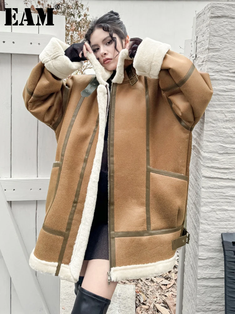 

[EAM] Khaki Big Size Suede Thick Warm Vintage Jacket New Lapel Long Sleeve Women Coat Fashion Tide Autumn Winter 2024 1DH3630