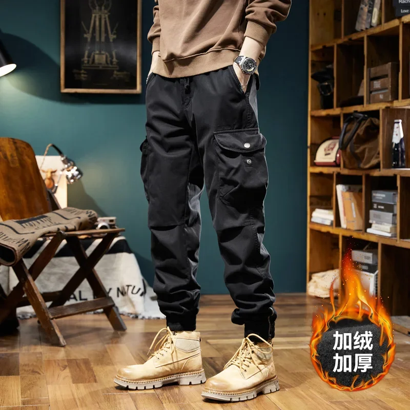 

Winter Fleece Cargo Pants Men Cotton Casual Trousers Warm Work Pants Multi Pockets Drawstring Outdoor Trousers Casual Pants