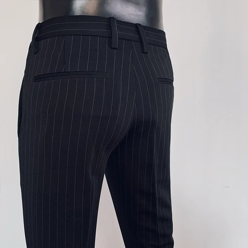 Mens Striped Suit Pants Ankle Trousers Formal Business Casual
