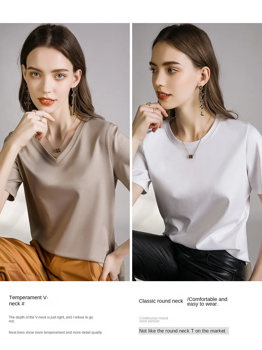 80 Pieces Liquid Ammonia Silk Cotton White Short Sleeved Shoulder T-shirt for Women's Spring/summer V-round Neck Basic Top 2