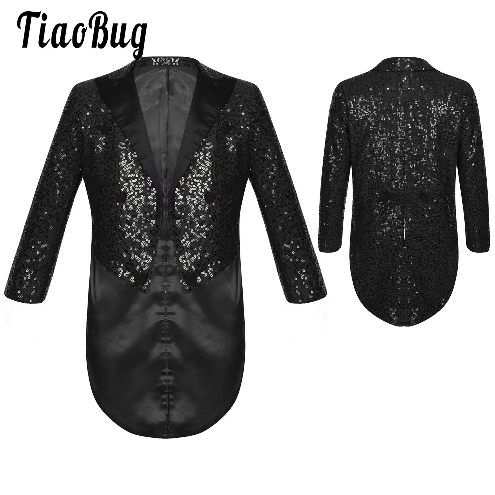 Boys Girl Tuxedo Sequined Blazer Tailcoat Swallowtail Jacket