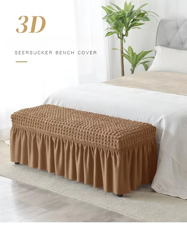 Description Picture 2 of item1PC Solid Color Seersucker Bench Cover with Skirt Non-Slip Dining Seat Slipcover Elastic Piano Chair Case Bedroom Seat Protector