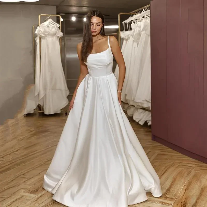 

Flavinke White A-Line Wedding Dresses 2024 Spaghetti Straps Satin Bridal Dress Boho Beach Robe De Maries vestidos de novia