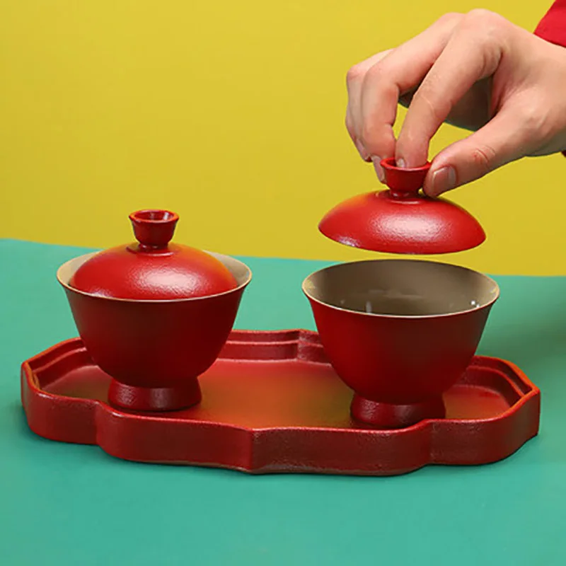 Chinese Red Wedding Gaiwan Tea Cups and Saucer Sets, Ceramic Teaware, Kung Fu Puer Ceremony, Luxury Souvenir Gifts