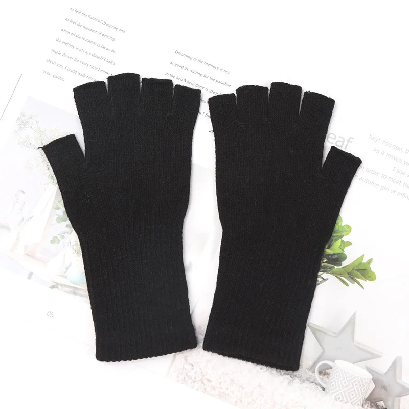 1 Pair Long Gloves Black Fingerless Knitted Gloves for Men Women Warm Outdoor Mitten Cycling Accessories Elastic Work Gloves