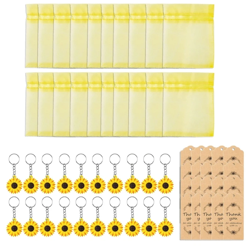 20 Sets Sunflower Party Favor Keychains Organza Bags Thank You Kraft Tags School Rewards Summer Theme Party Supplies